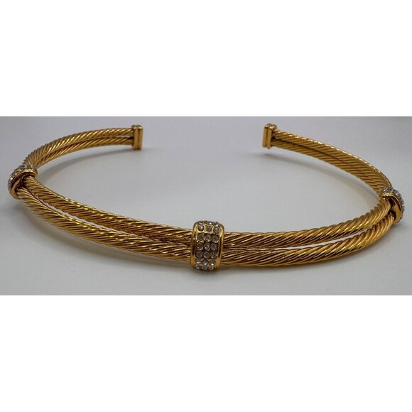 Gold Tone Cable Collar Necklace Rhinestone Accents Designer Style Statement - Picture 4 of 11